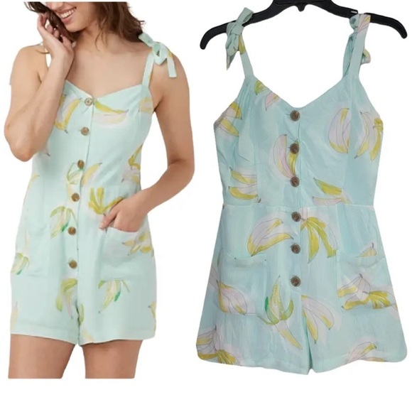 LC Lauren Conrad Pants - Lauren Conrad Mint Tropical Banana Romper Lined with Shoulder Ties Size XXL